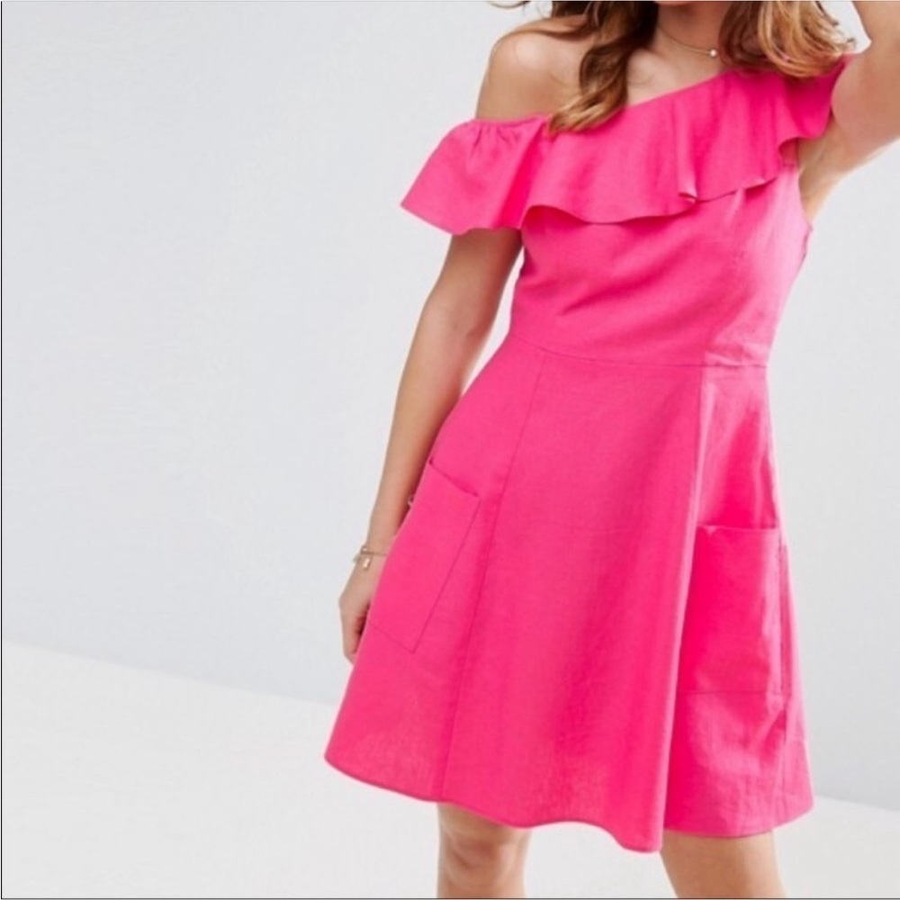 ASOS Pink Ruffle Linen A- Line Dress - Picture 2 of 10